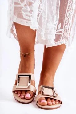 Damskie Boto Damskie Skórzane Klapki Z Ozdobą Nude Roysa