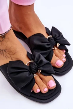 Damskie Evento Damskie Skórzane Klapki Z Kokardą Czarne Becky