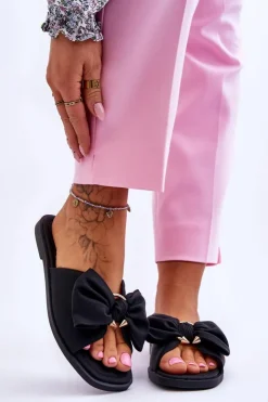 Damskie Evento Damskie Skórzane Klapki Z Kokardą Czarne Becky