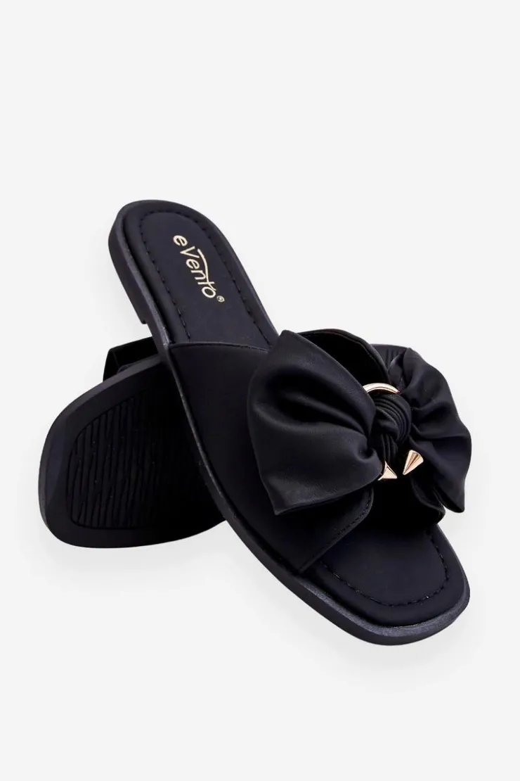 Damskie Evento Damskie Skórzane Klapki Z Kokardą Czarne Becky