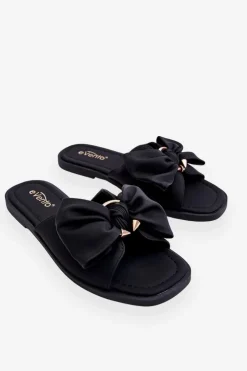 Damskie Evento Damskie Skórzane Klapki Z Kokardą Czarne Becky