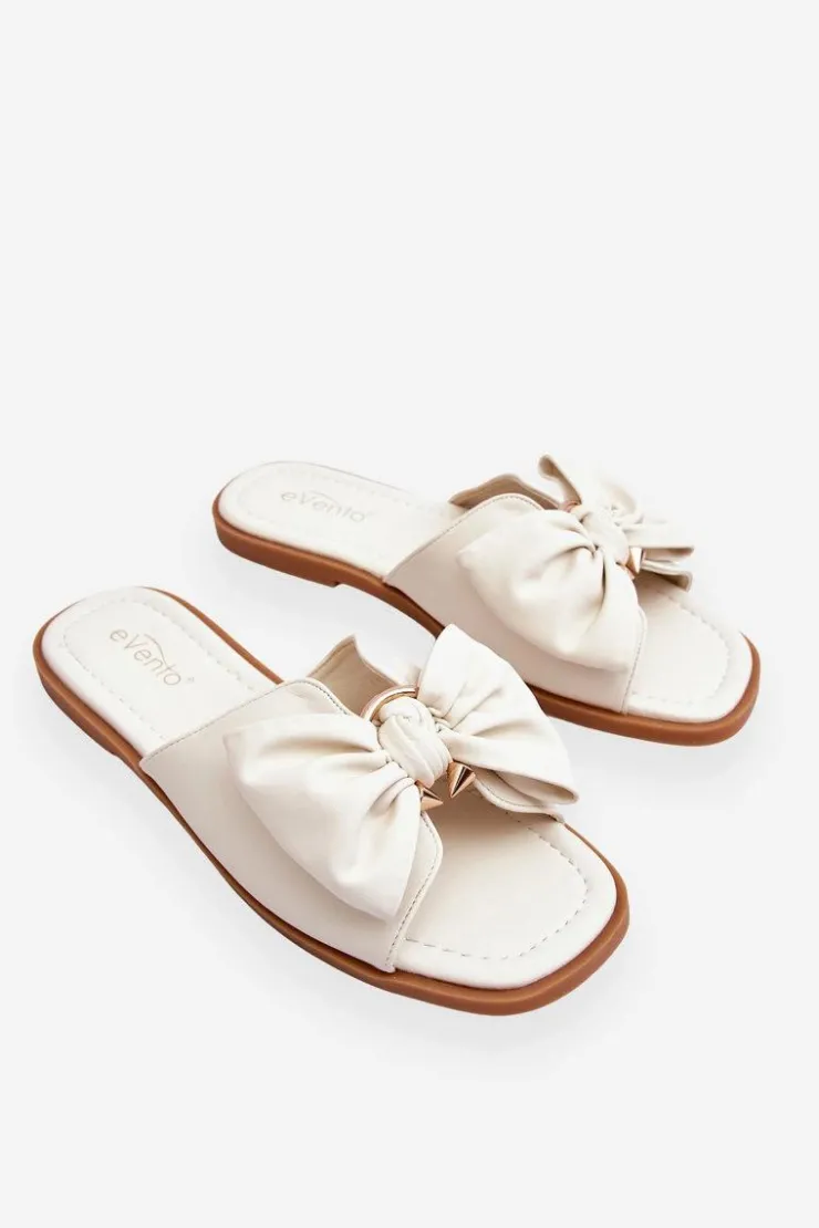 Damskie Evento Damskie Skórzane Klapki Z Kokardą Białe Becky