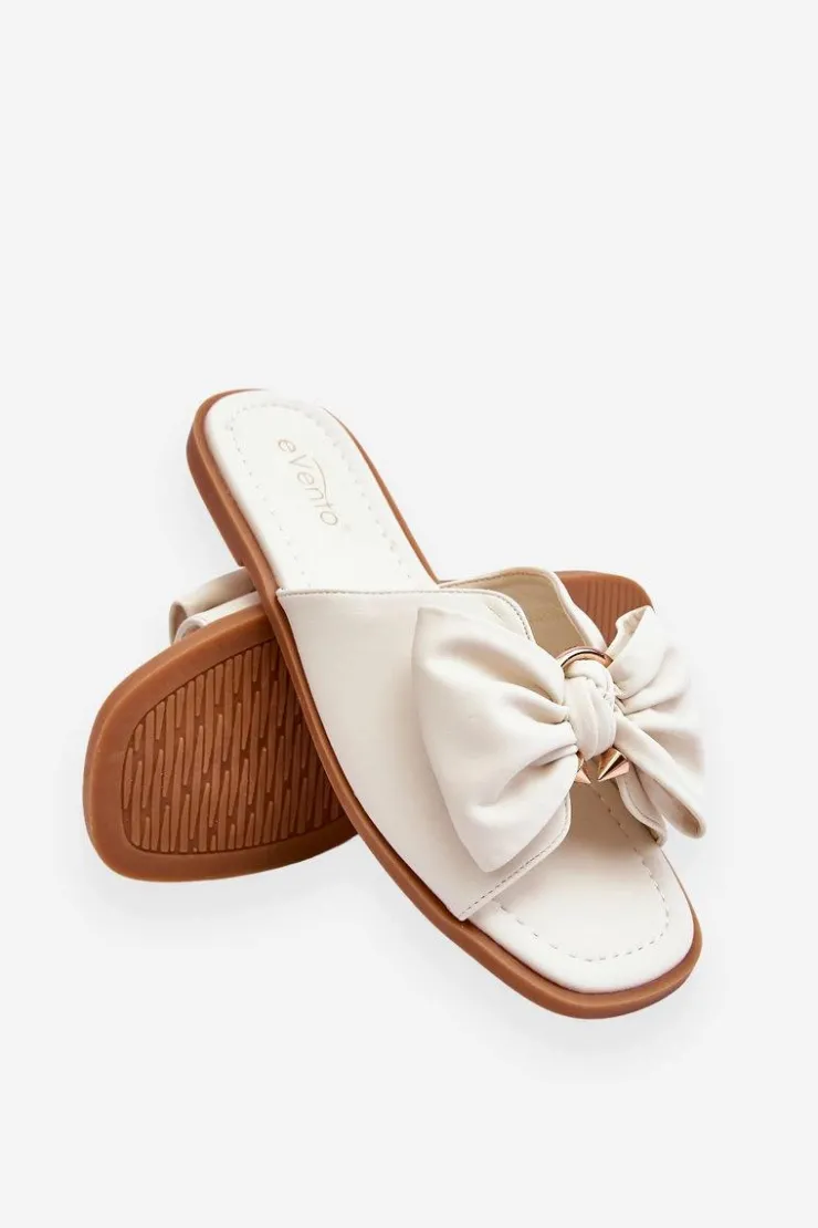 Damskie Evento Damskie Skórzane Klapki Z Kokardą Białe Becky