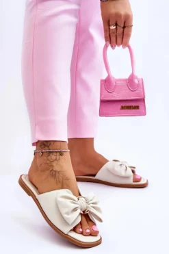 Damskie Evento Damskie Skórzane Klapki Z Kokardą Białe Becky