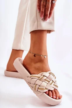 Online Boto Damskie Skórzane Klapki Z Łańcuszkiem Beżowe Soline