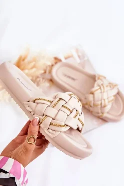 Online Boto Damskie Skórzane Klapki Z Łańcuszkiem Beżowe Soline