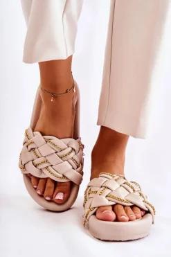 Online Boto Damskie Skórzane Klapki Z Łańcuszkiem Beżowe Soline