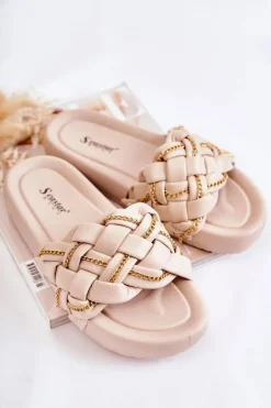 Online Boto Damskie Skórzane Klapki Z Łańcuszkiem Beżowe Soline