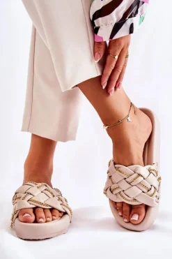 Online Boto Damskie Skórzane Klapki Z Łańcuszkiem Beżowe Soline