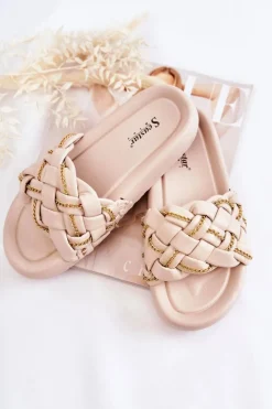 Online Boto Damskie Skórzane Klapki Z Łańcuszkiem Beżowe Soline