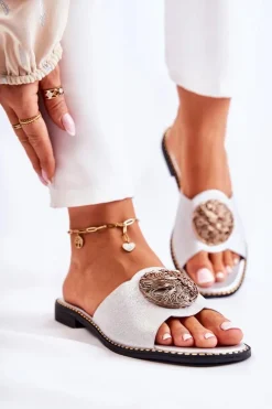 Damskie buty S.Barski Klapki Damskie Klasyczne*Damskie Skórzane Klapki Z Ozdobą Srebrne Colene