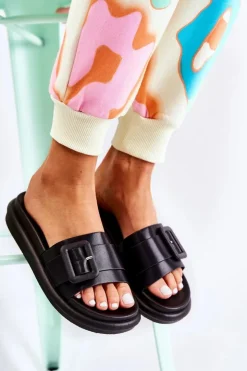 Boto Damskie Skórzane Klapki Z Klamrą Czarne Devia