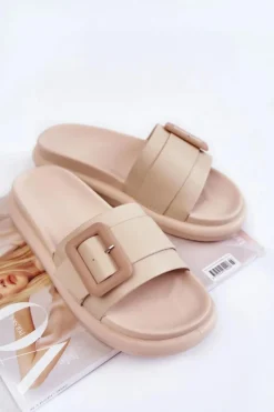 Boto Klapki Damskie Klasyczne*Damskie Skórzane Klapki Z Klamrą Beżowe Devia