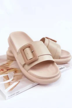 Boto Klapki Damskie Klasyczne*Damskie Skórzane Klapki Z Klamrą Beżowe Devia