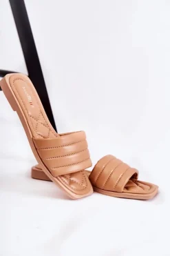 Damskie Boto Damskie Skórzane Klapki Z Pikowaniem Ciemnobeżowe Raula