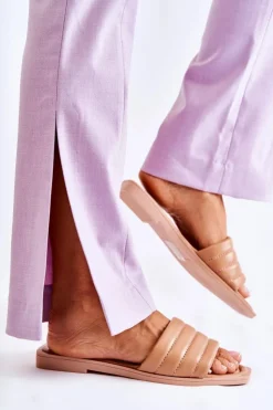 Damskie Boto Damskie Skórzane Klapki Z Pikowaniem Ciemnobeżowe Raula