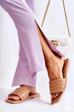 Damskie Boto Damskie Skórzane Klapki Z Pikowaniem Ciemnobeżowe Raula