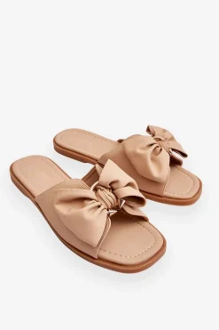 Damskie Evento Damskie Skórzane Klapki Z Kokardą Beżowe Becky