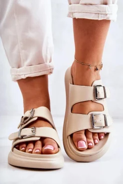 Boto Klapki Damskie Klasyczne*Damskie Skórzane Klapki Ze Sprzączką La.Fi Beżowe Nariss