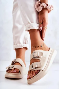 Boto Klapki Damskie Klasyczne*Damskie Skórzane Klapki Ze Sprzączką La.Fi Beżowe Nariss