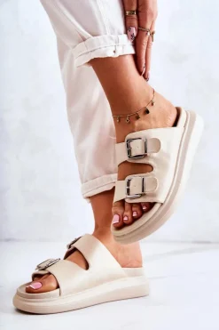 Boto Klapki Damskie Klasyczne*Damskie Skórzane Klapki Ze Sprzączką La.Fi Beżowe Nariss