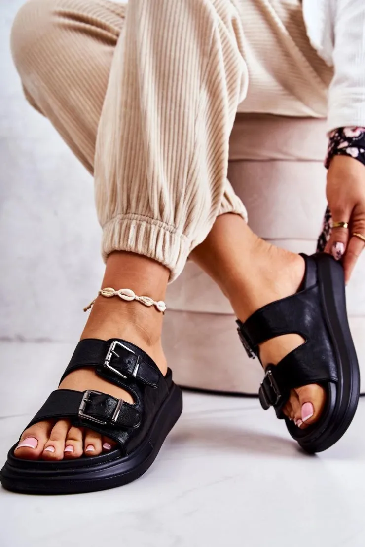 Outlet Boto Damskie Skórzane Klapki Ze Sprzączką La.Fi Czarne Nariss