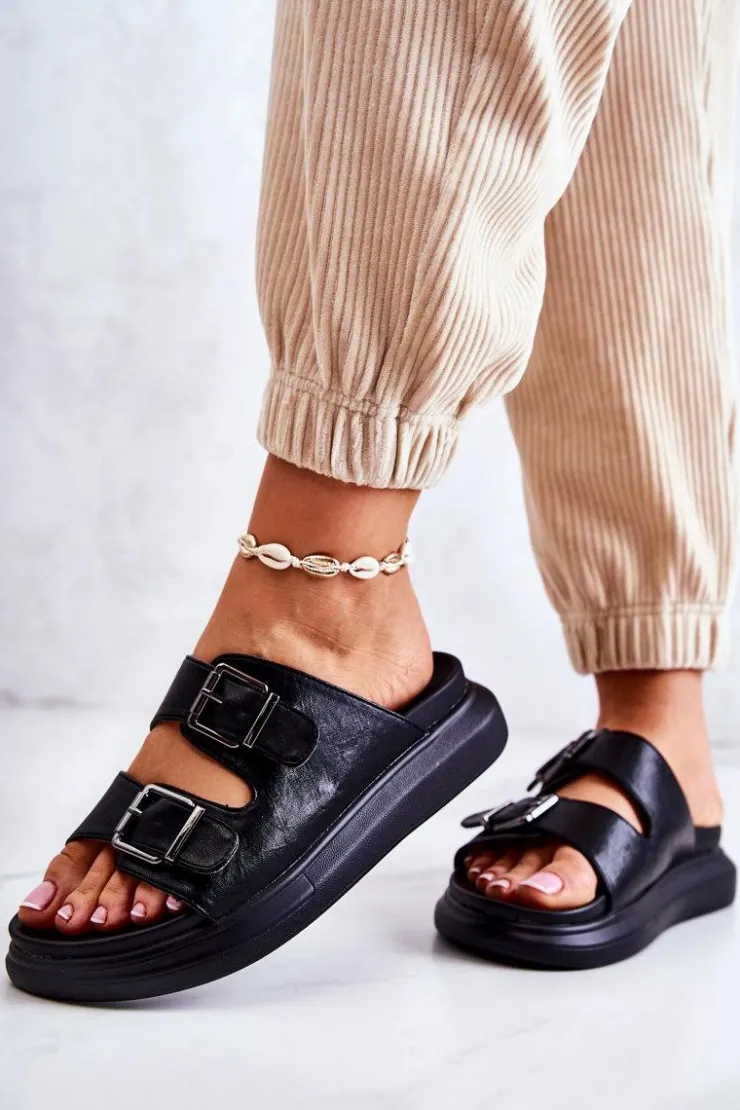 Outlet Boto Damskie Skórzane Klapki Ze Sprzączką La.Fi Czarne Nariss