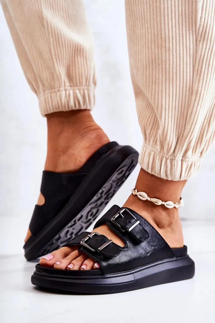 Outlet Boto Damskie Skórzane Klapki Ze Sprzączką La.Fi Czarne Nariss