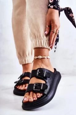 Outlet Boto Damskie Skórzane Klapki Ze Sprzączką La.Fi Czarne Nariss