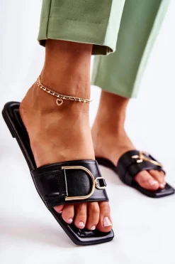 Sale Boto Damskie Skórzane Klasyczne Klapki Z Ozdobą Czarne Shilla