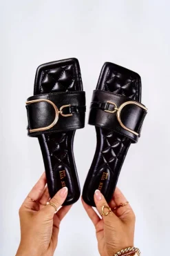 Sale Boto Damskie Skórzane Klasyczne Klapki Z Ozdobą Czarne Shilla