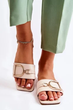 Boto Klapki Damskie Klasyczne*Damskie Skórzane Klasyczne Klapki Z Ozdobą Beżowe Shilla