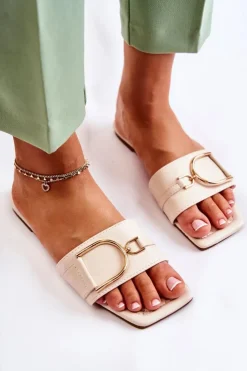 Boto Klapki Damskie Klasyczne*Damskie Skórzane Klasyczne Klapki Z Ozdobą Beżowe Shilla