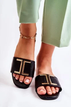 Damskie Boto Damskie Skórzane Klasyczne Klapki Z Ozdobą Czarne Maren