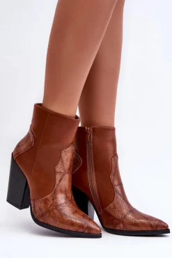 Boto Botki Na Słupku|Botki Na Obcasie*Damskie Skórzane Kowbojki Botki Brązowe Fiorene