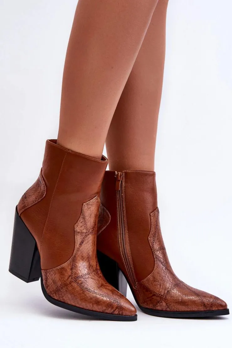 Boto Botki Na Słupku|Botki Na Obcasie*Damskie Skórzane Kowbojki Botki Brązowe Fiorene