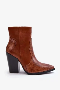 Boto Botki Na Słupku|Botki Na Obcasie*Damskie Skórzane Kowbojki Botki Brązowe Fiorene