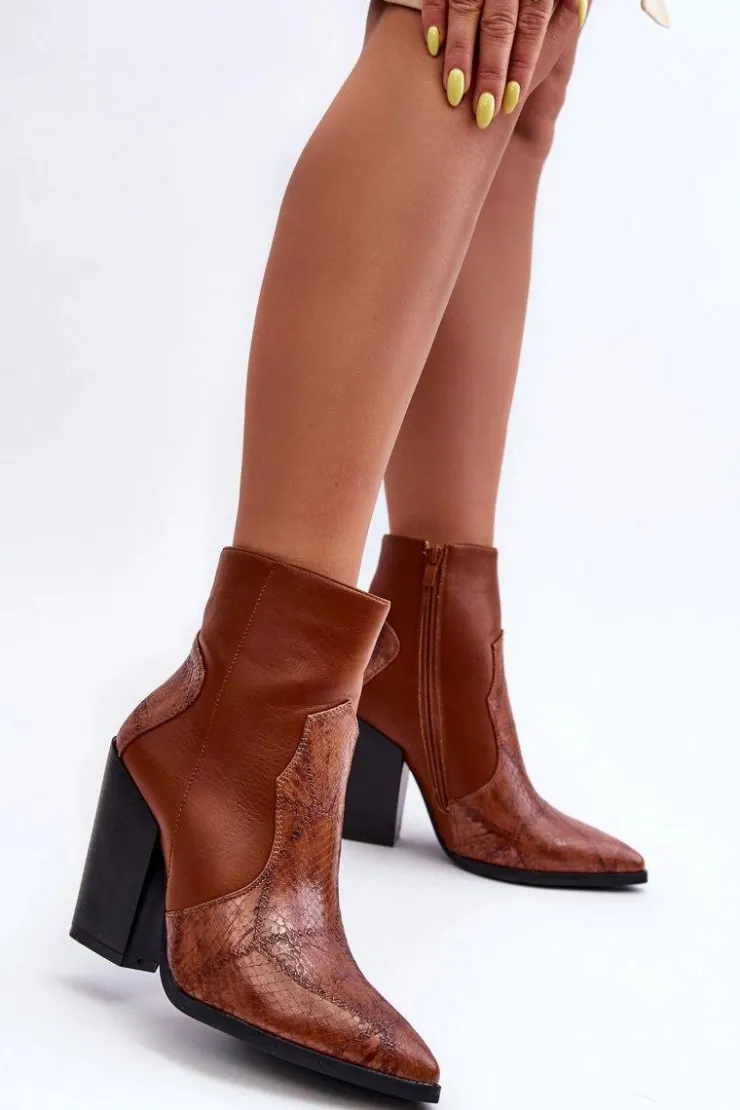 Boto Botki Na Słupku|Botki Na Obcasie*Damskie Skórzane Kowbojki Botki Brązowe Fiorene