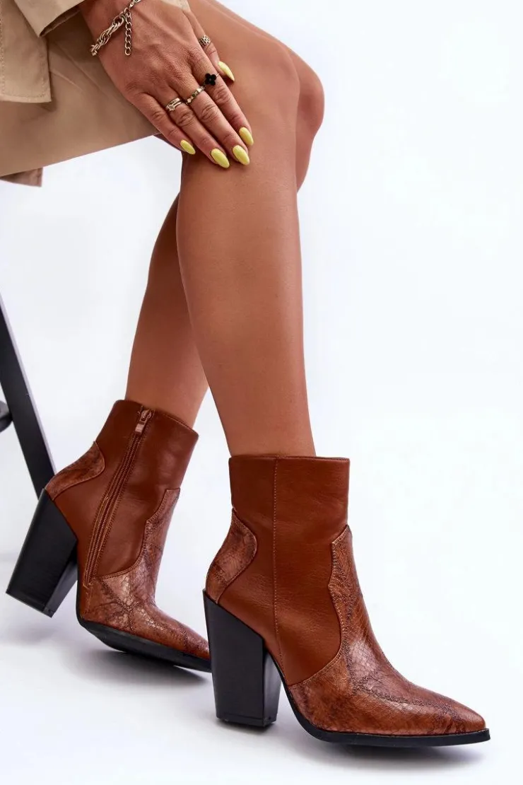 Boto Botki Na Słupku|Botki Na Obcasie*Damskie Skórzane Kowbojki Botki Brązowe Fiorene