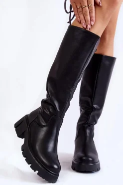 Damskie Buty Sergio Leone Damskie Skórzane Kozaki Do Kolana Czarne Caldera