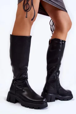 Damskie Buty Sergio Leone Damskie Skórzane Kozaki Do Kolana Czarne Caldera