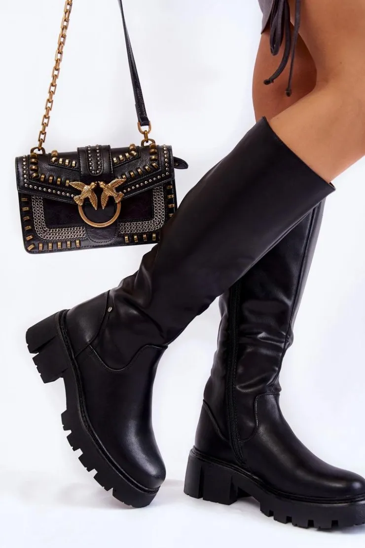 Damskie Buty Sergio Leone Damskie Skórzane Kozaki Do Kolana Czarne Caldera