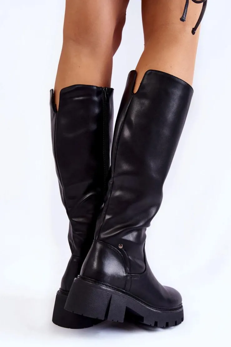 Damskie Buty Sergio Leone Damskie Skórzane Kozaki Do Kolana Czarne Caldera