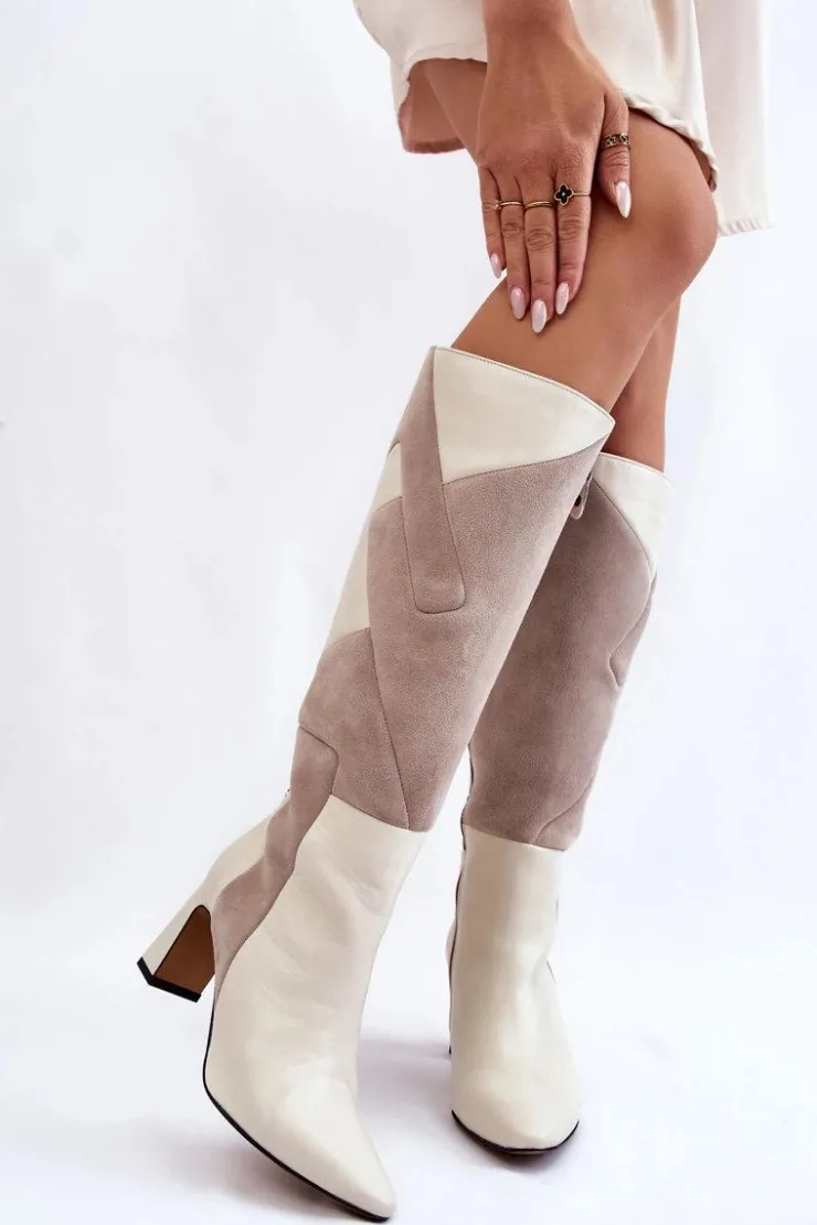 Damskie Maciejka Damskie Skórzane Kozaki Do Kolan 05784-22 Jasnobeżowe