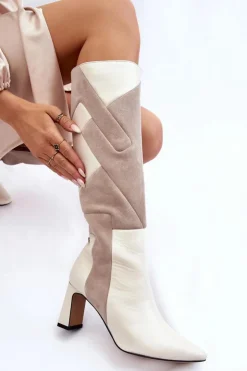 Damskie Maciejka Damskie Skórzane Kozaki Do Kolan 05784-22 Jasnobeżowe