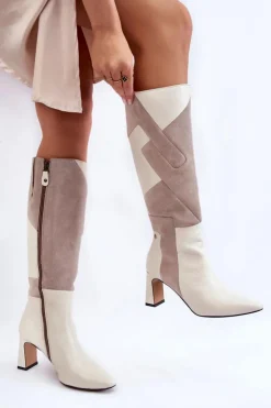 Damskie Maciejka Damskie Skórzane Kozaki Do Kolan 05784-22 Jasnobeżowe