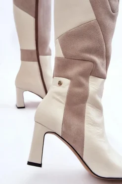 Damskie Maciejka Damskie Skórzane Kozaki Do Kolan 05784-22 Jasnobeżowe