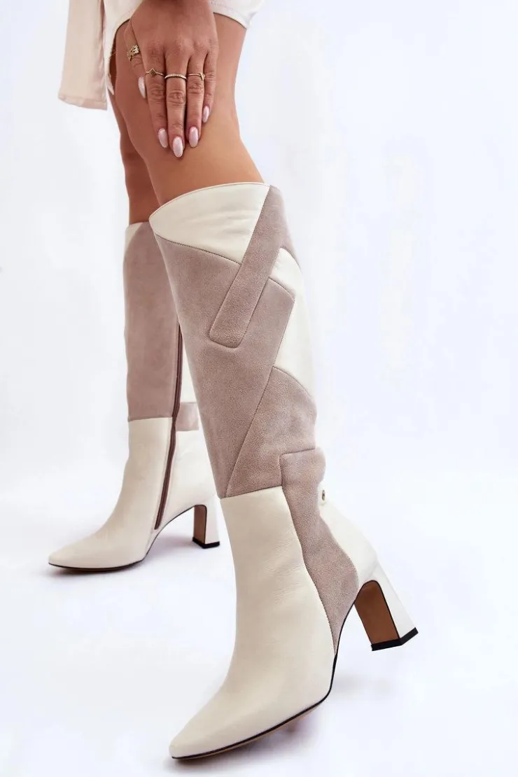 Damskie Maciejka Damskie Skórzane Kozaki Do Kolan 05784-22 Jasnobeżowe