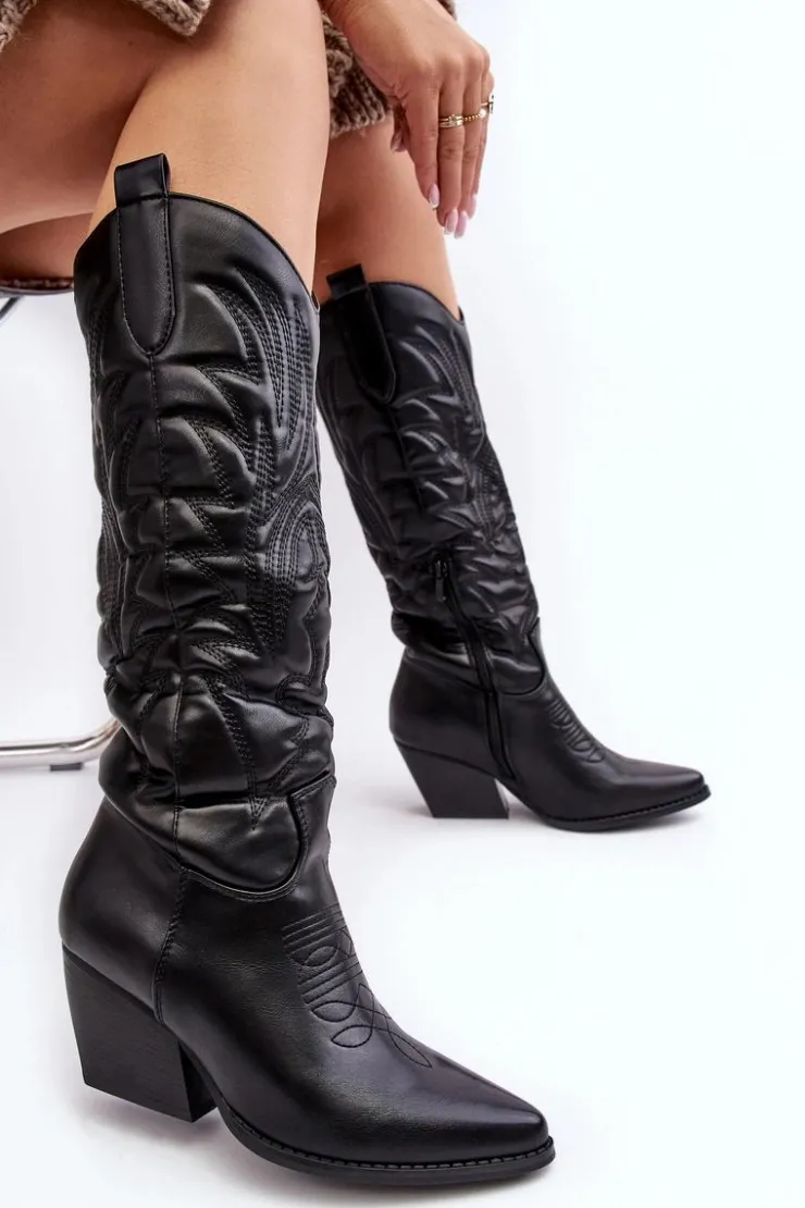 Boto Damskie Skórzane Kozaki Kowbojki Na Słupku Czarne Sloana