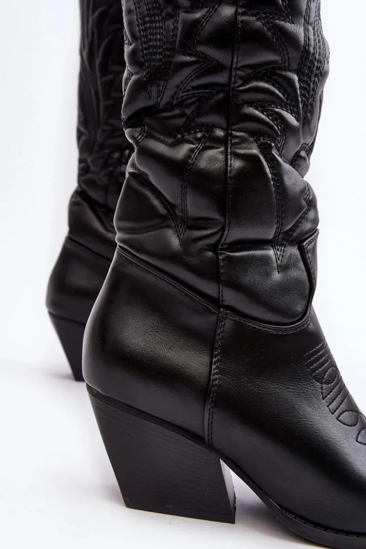 Boto Damskie Skórzane Kozaki Kowbojki Na Słupku Czarne Sloana